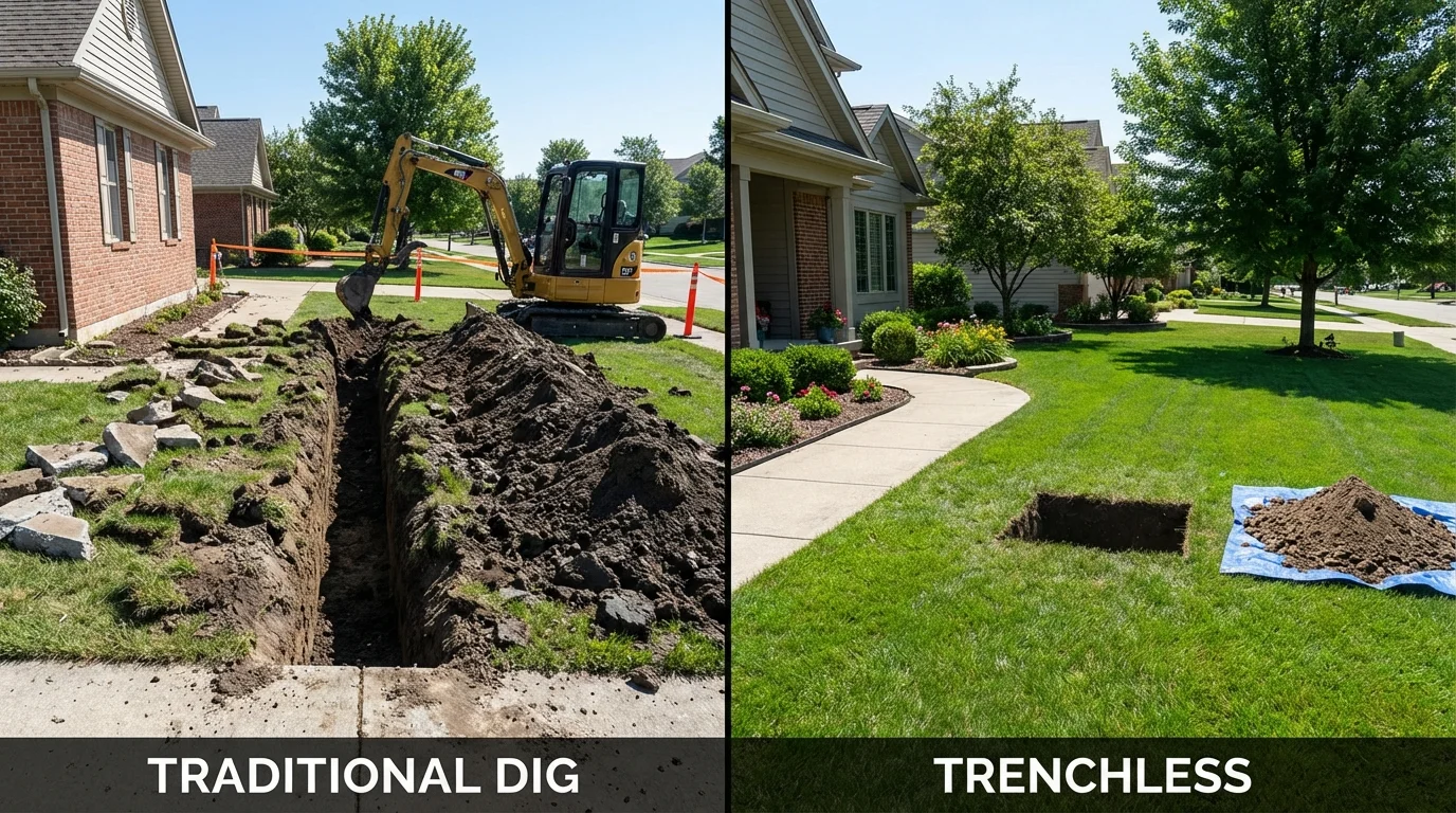 Trenchless sewer repair with minimal yard damage versus traditional excavation in Bernie, MO